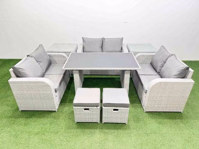Fimous 8 Seater Rattan Patio Garden Furniture Set with 2 Side Tables and 2 Stools in Light Grey