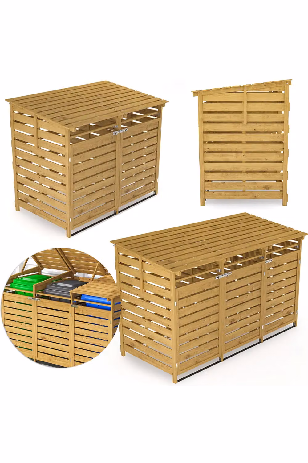 Living and Home Brown Spruce Wood Outdoor Trash Can Storage Shed with 3 Hinged Doors, H 198.0 cm x W 122.5 cm x D 40.0 cm (assumed based on provided values)

Wait, the instructions state: "If no dimensions are present in the original text, leave them out  – 3