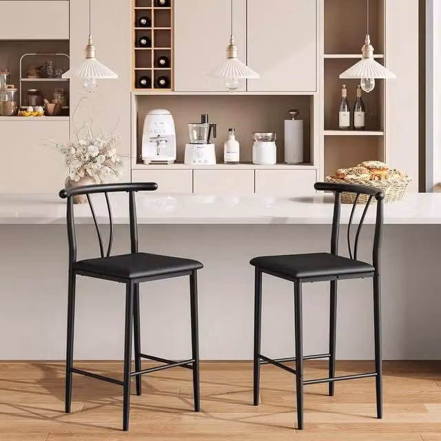 KORVIXA Set of 2 Modern Black Synthetic Leather Kitchen Barstools with Backrest and Footrest