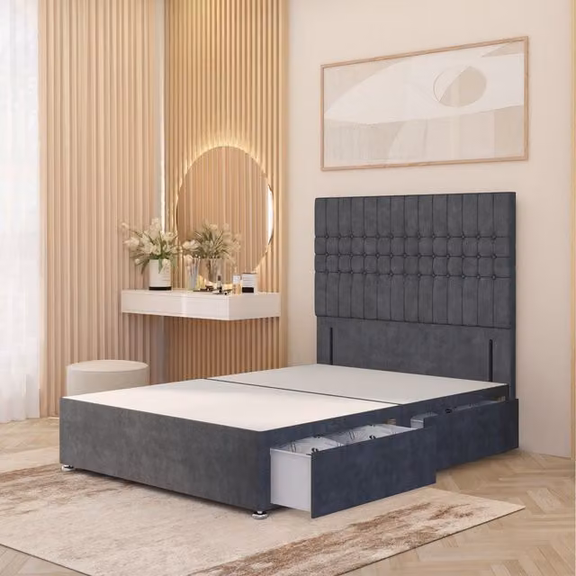 Somnior Beds Ltd Lexington Divan Bed Base with 54 inch Floor Standing Headboard in Silver Grey Plush Velvet with Drawers, W/D/H: 200 x 162.56 x 34.5 cm