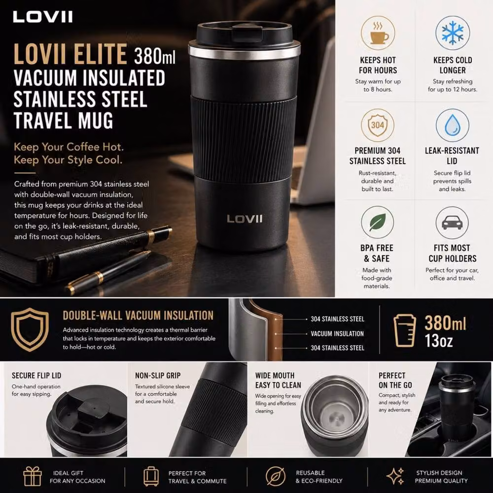 Lovii Elite Vacuum Insulated Stainless Steel Travel Mug with Lid, Black, 380ml – 2