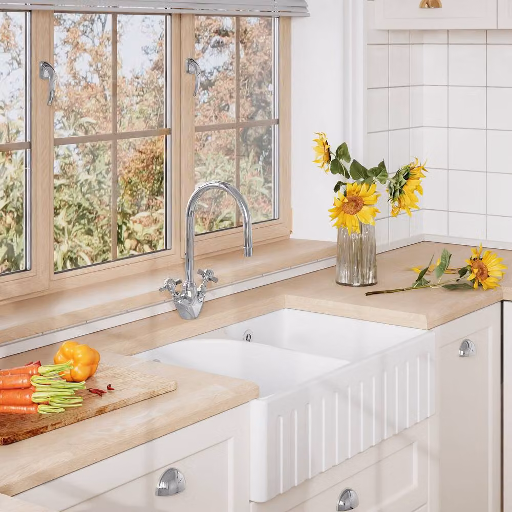 Balterley White Ceramic Double Bowl Fluted Front Butler Kitchen Sink with Chrome Finish – 2