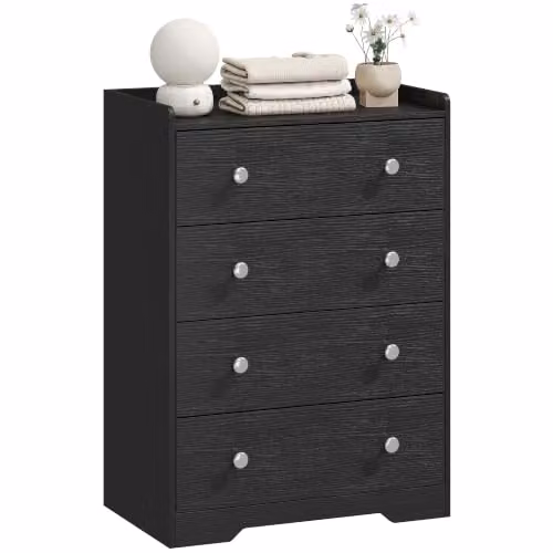 HOMCOM Modern 4 Drawer Chest of Drawers, Black Wood Effect Storage Cabinet – 1
