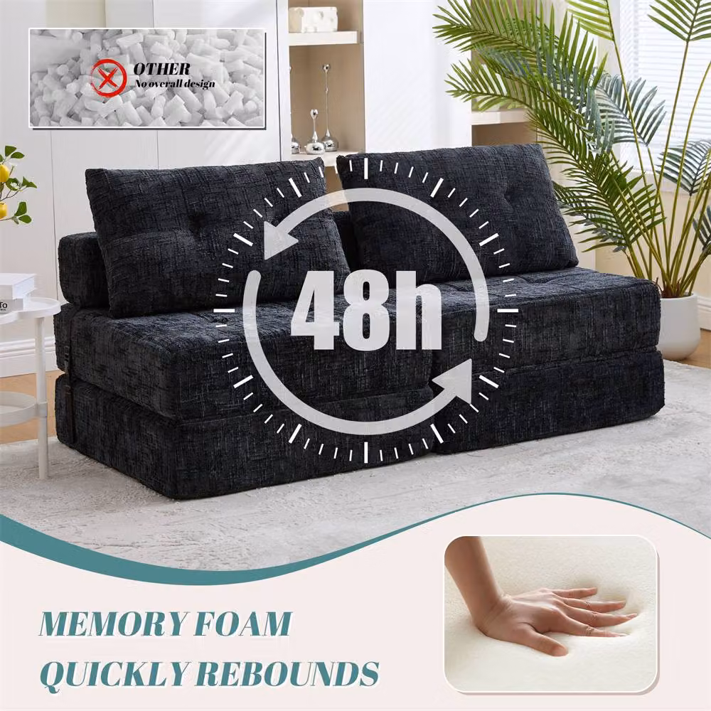 Direct Wicker Black Chenille Tufted Folding Sofa Bed with Pillow and Back Support – 7