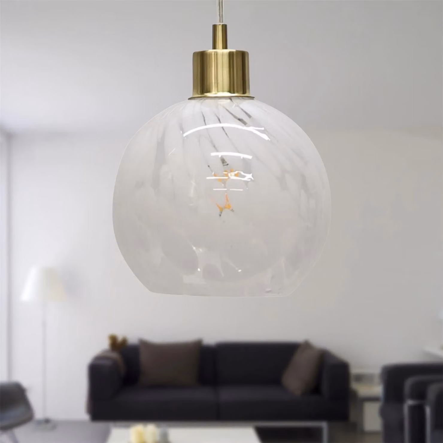First Choice Lighting Confetti Glass Globe Pendant Light with Satin Brass Fitting in White – 2