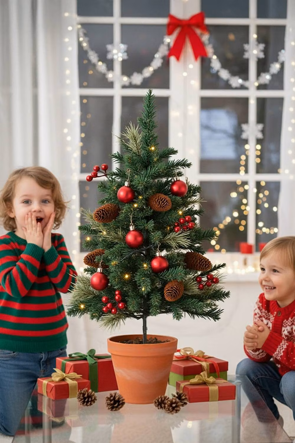 Living and Home 2-Piece Mini Outdoor Christmas Tree Set with Red Balls, Berries and Multicolour Decorations – 2