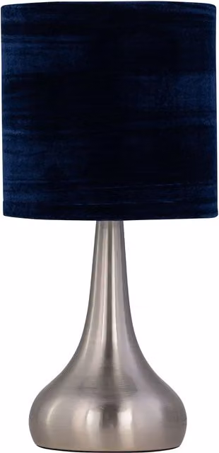 First Choice Lighting Romana Touch Table Lamp in Brushed Chrome with Blue Fabric Shade
