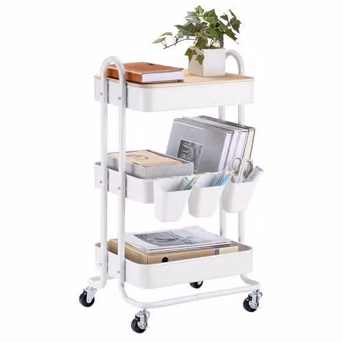 VonHaus 3 Tier White Storage Trolley with Bamboo Wood and Metal Construction, W/D/H: 79.5 x 36.0 x 46.0 cm – 1