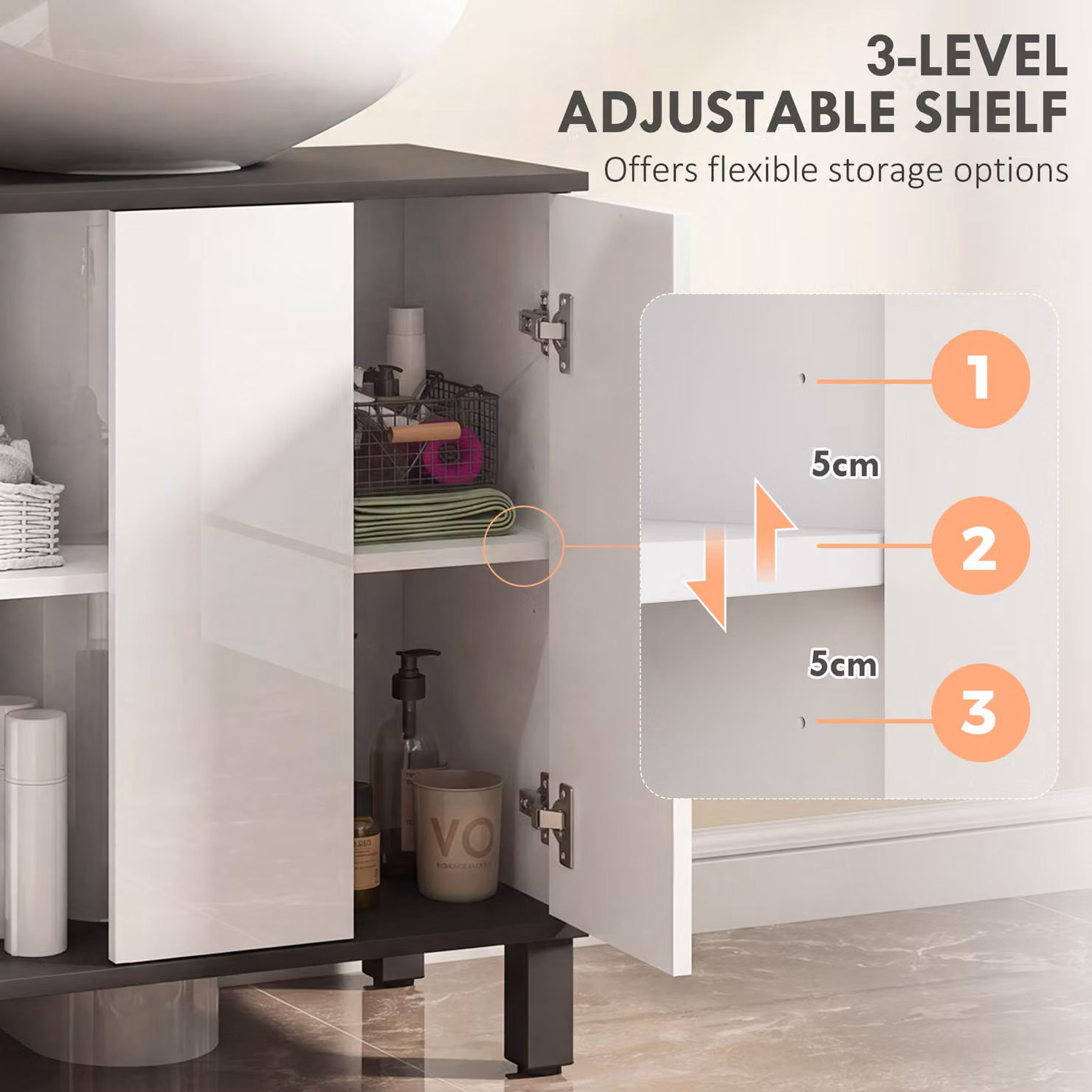 HOMCOM Modern White Under Sink Bathroom Cabinet with Adjustable Internal Shelves and Hinged Doors, W/D/H: 60 x 34 x 70 cm – 4