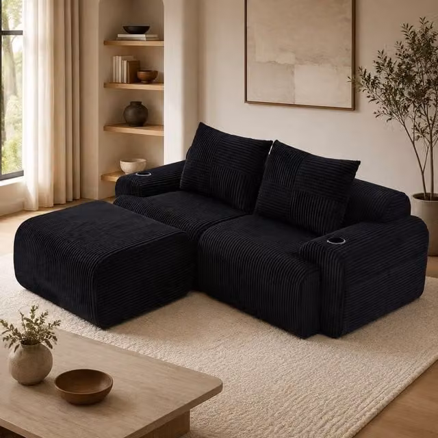 STILVORA 2-Seater Modular L-Shape Sofa with Cup Holder and Side Pocket in Black – 1