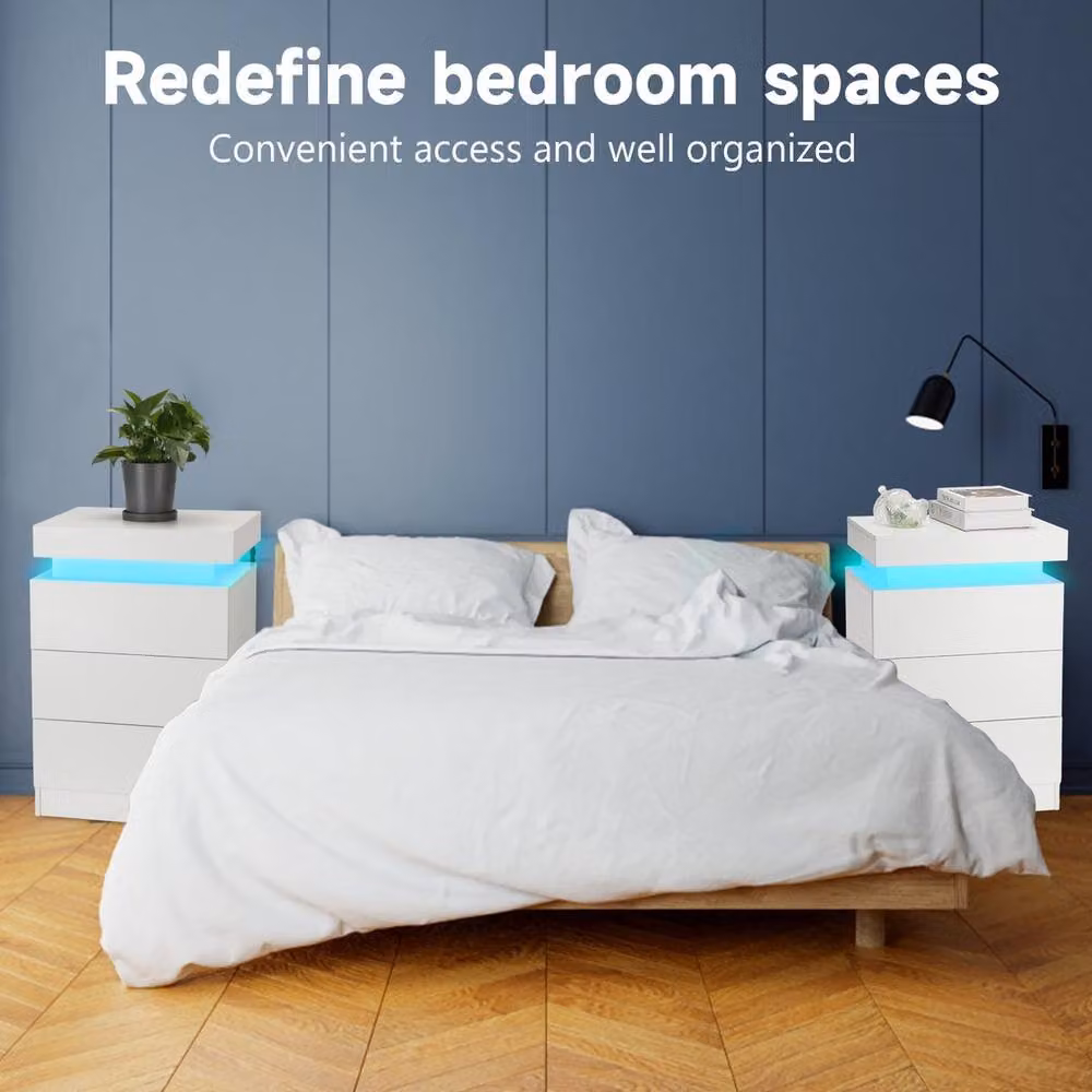 FORGEVIO RGB LED Bedside Nightstand with 3 Drawers in White – 3