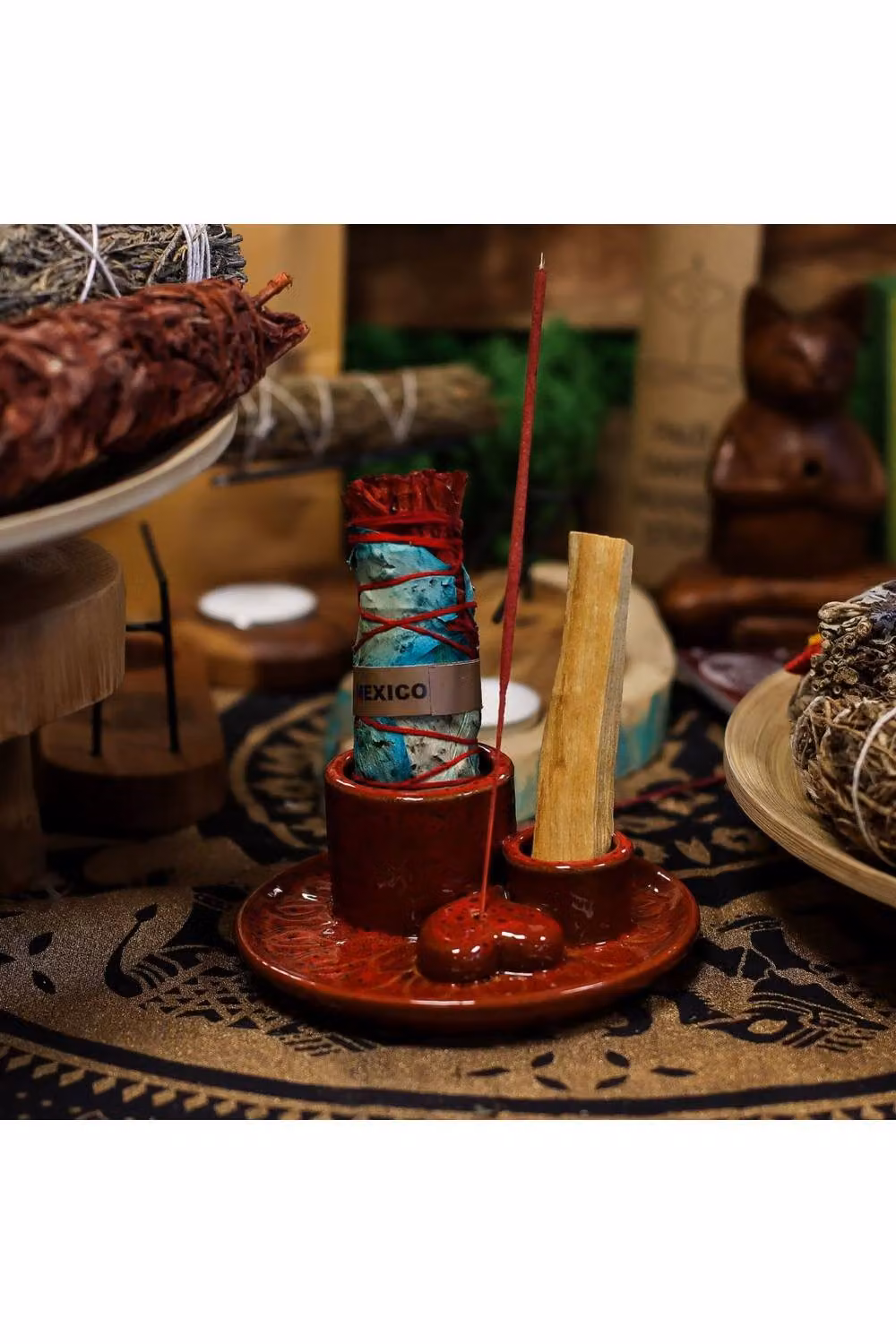 KDMD Mandala Palo Santo Stick and Smudge Holder, Red Ceramic with Heart Gloss Geometric Design – 3