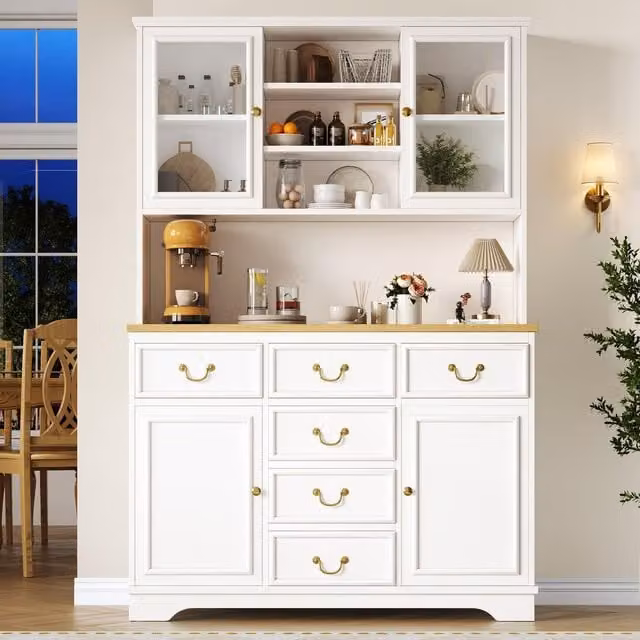 Aosom UK White Tall Kitchen Cabinet with Glass Doors and Integrated Lighting, W: 118 cm, D: 39.5 cm, H: 180 cm