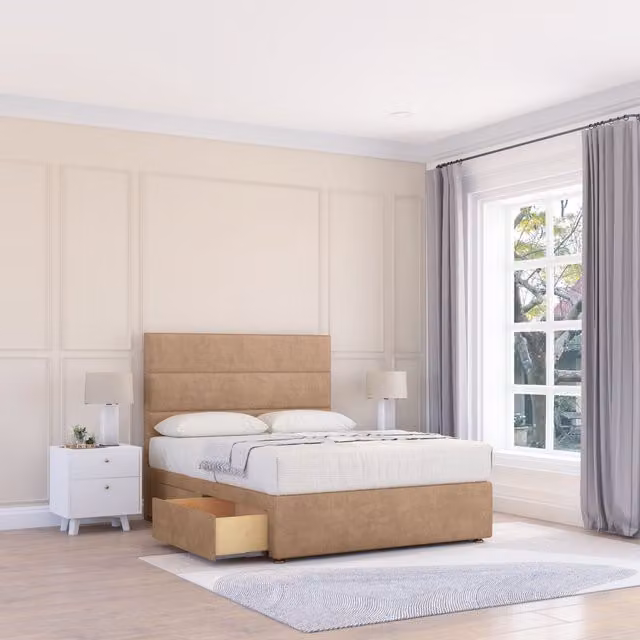 Sloomy Texas Double Divan Bed Base with 26 inch Struts Headboard in Light Beige Fabric, W/D/H: 140 x 200 cm