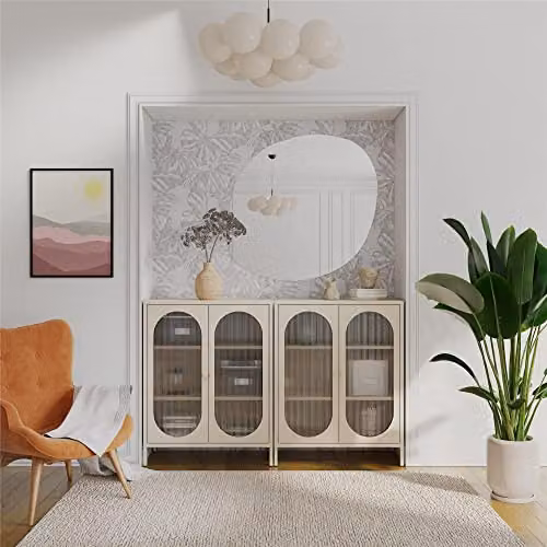 Dorel Home Luna Metal Cabinet with 2 Fluted Glass Doors in Beige, W: 80 cm, D: 40 cm, H: 102 cm – 3