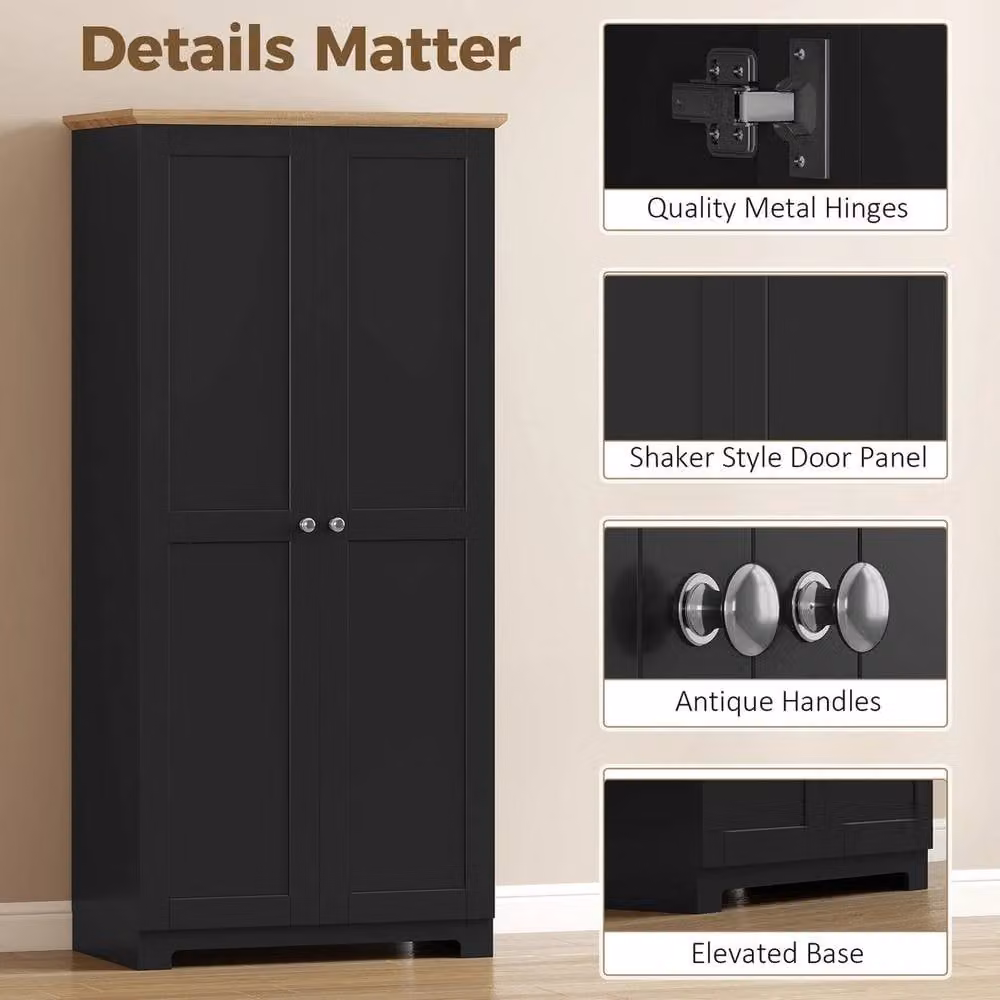 FORGEVIO Black Wooden Storage Cabinet with 4 Shelves and Hinged Doors, H 172 x W 80 x D 48 cm – 4