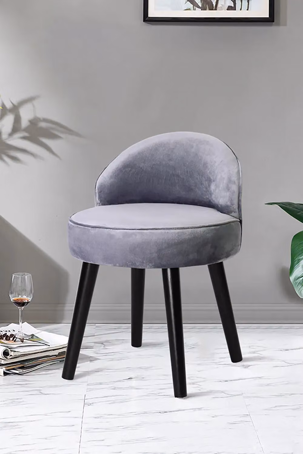 Living and Home Grey Velvet Low Back Dressing Footstool with Rubberwood Legs – 2