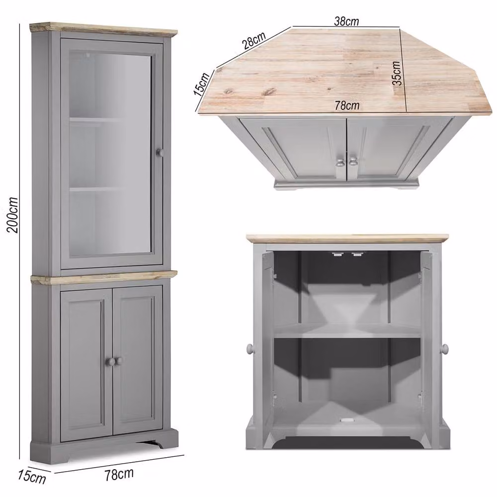Statement Furniture Florence Corner Display Cabinet with Glass Doors in Light Grey, H: 200 cm x W: 78 cm x D: 35 cm – 4