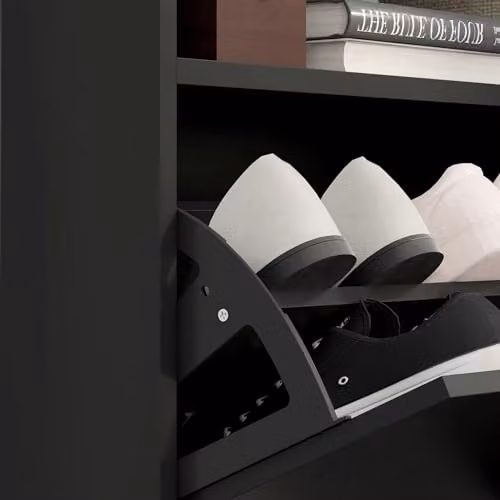 HOMCOM Narrow Glossy Black Shoe Cabinet, Wall Mounted or Freestanding with Tilting Compartments and Internal Shelves – 7
