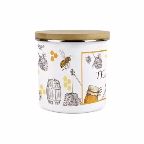 Purely Home Honey Bees Coffee Canister in Gold and White Enamel with Bamboo Lid