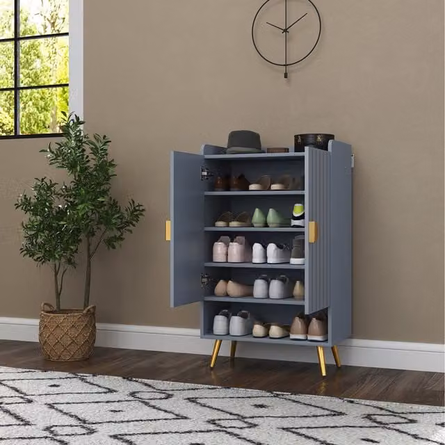 HOMCOM Modern Freestanding Shoe Cabinet with 2 Hinged Doors and Open Shelf, Light Grey