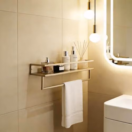 OHS 2 Tier Wall Mounted Towel Rail with Shelf, Gold, W/D/H: 45 x 12 x 15 cm – 1