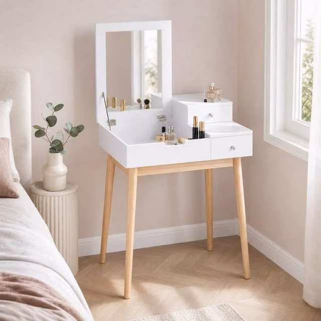 STILVORA Dressing Table with Flip-up Mirror and 2 Drawers in White, W/D/H: 85.5 x 60.0 x 40.0 cm
