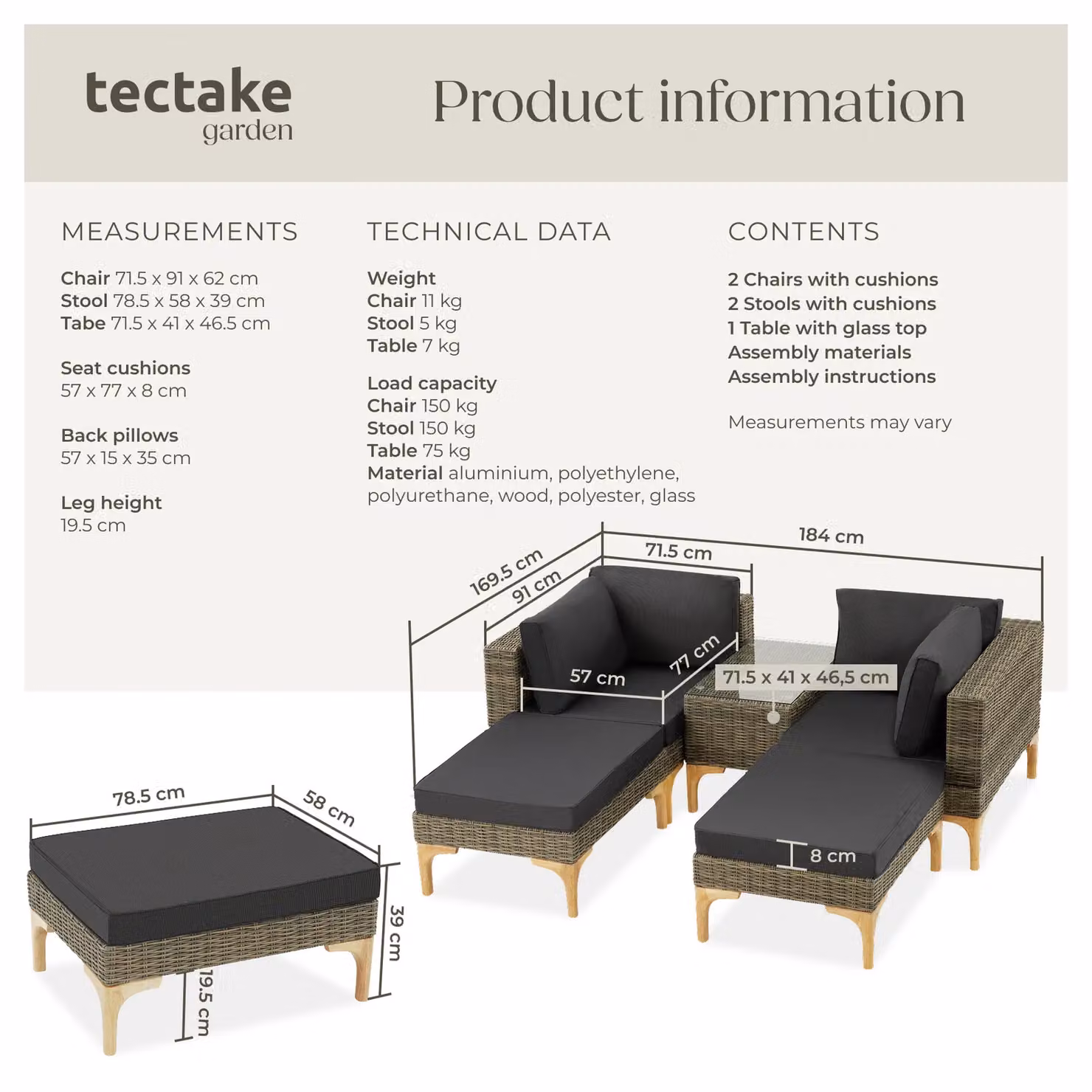 tectake Bellaria Rattan Lounge Set with Powder Coated Aluminium Frame and Beige Cushions for 4 People – 6