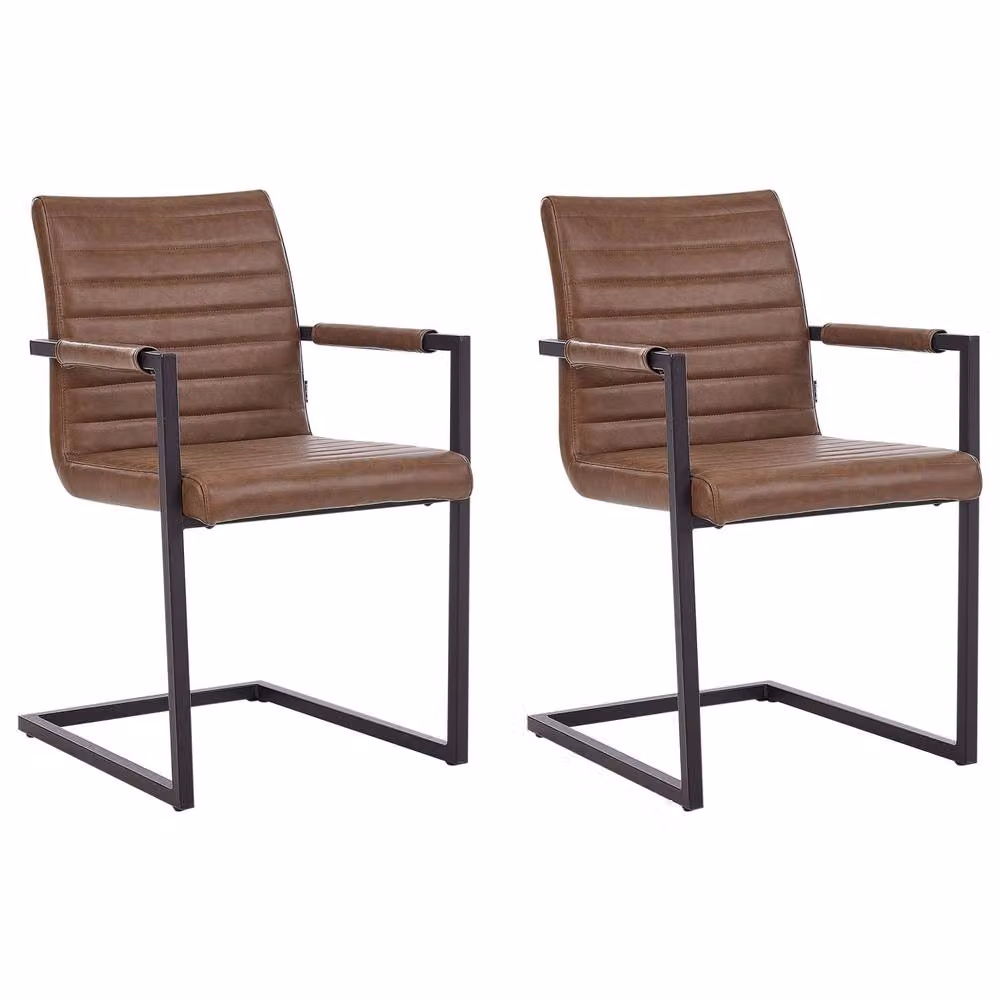 Wyld Haus Set of 2 Brown Faux Leather Cantilever Dining Chairs with Armrests – 2