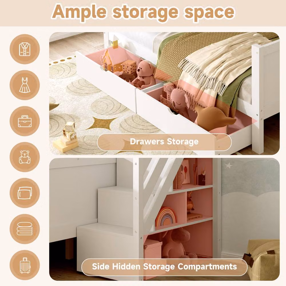 Matteo Solid Wood Double Bunk Bed with Storage Drawers and Stairs in White – 3