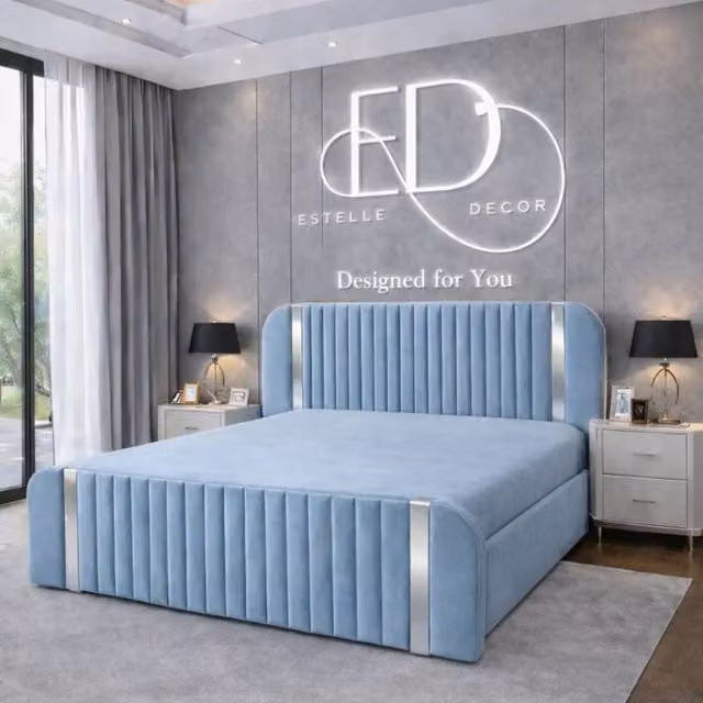 Stratus Interiors Aura Rounded Panel Bed Frame in Blue Velvet with Silver Accents, King Size (W: 150 cm, D: 200 cm)