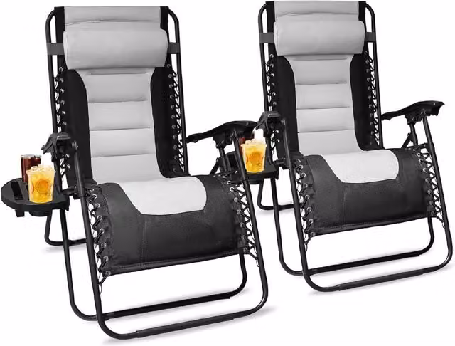 Alivio Extra Wide Zero Gravity Padded Cushion Chairs in Black with Side Tray and Cup Holders