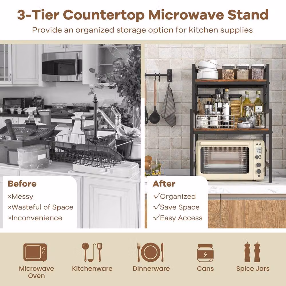Gymax 3-Tier Brown Metal Microwave Stand, Kitchen Countertop Spice Rack and Printer Stand – 3