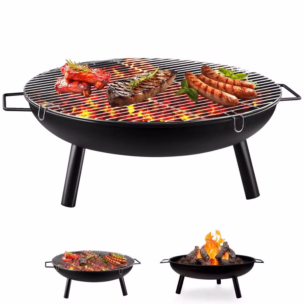 Crystals Large Round Steel Fire Pit and BBQ Grill in Black – 2