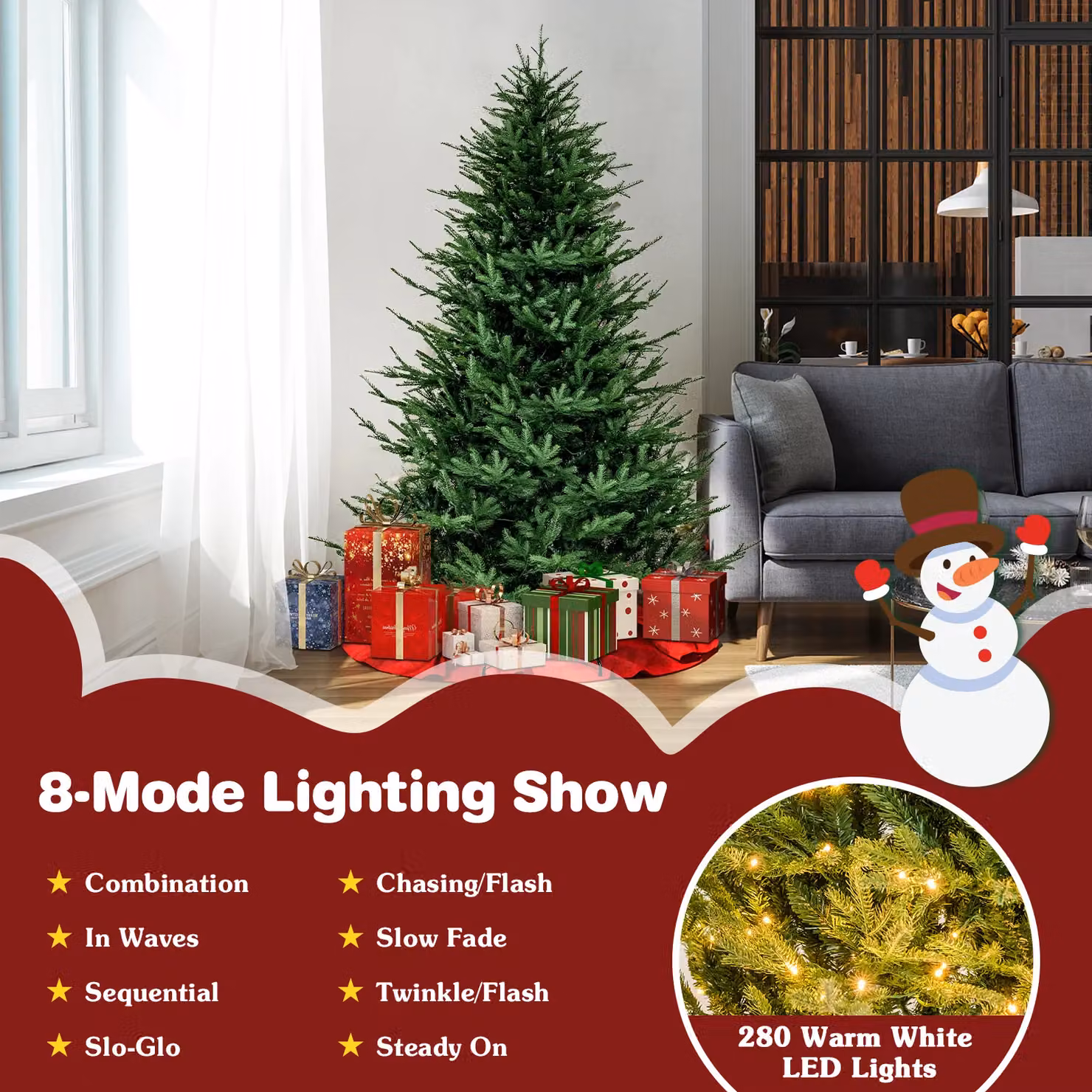 Gymax 6ft Pre-Lit Artificial Christmas Tree with 788 Tips and 280 Warm White LED Lights in Green – 3