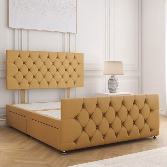 BSSPOKE Maya Velvet Double Divan Bed with 24 inch Headboard and 2 Side Drawers in Mustard Yellow, W/D/H: 140 x 200 x 30.48 cm