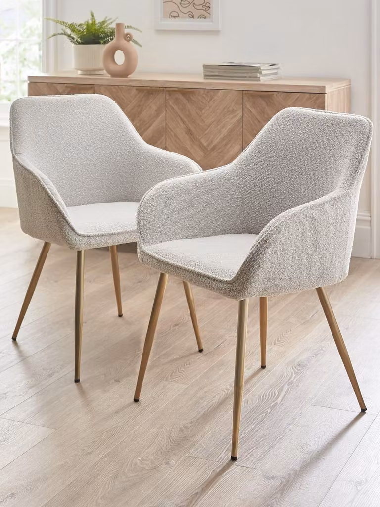 Alisha Pair of Mid-Century Modern Bouclé Dining Chairs in Beige and Gold