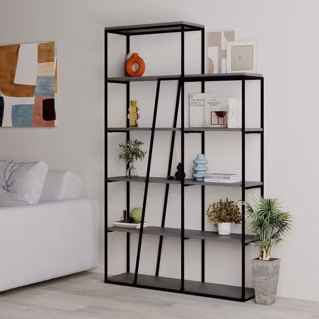FWStyle Industrial Style Metal Bookshelf in Anthracite Grey and Black