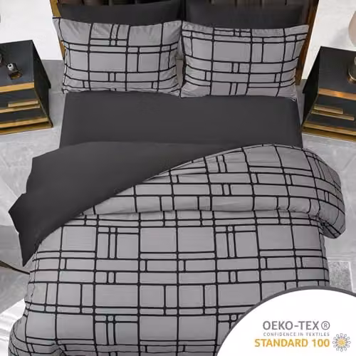 Pamposh 4 Piece King Size Reversible Microfibre Duvet Cover Set with Black Fitted Sheet, Graphic Design, All Seasons Bedding Set – 3