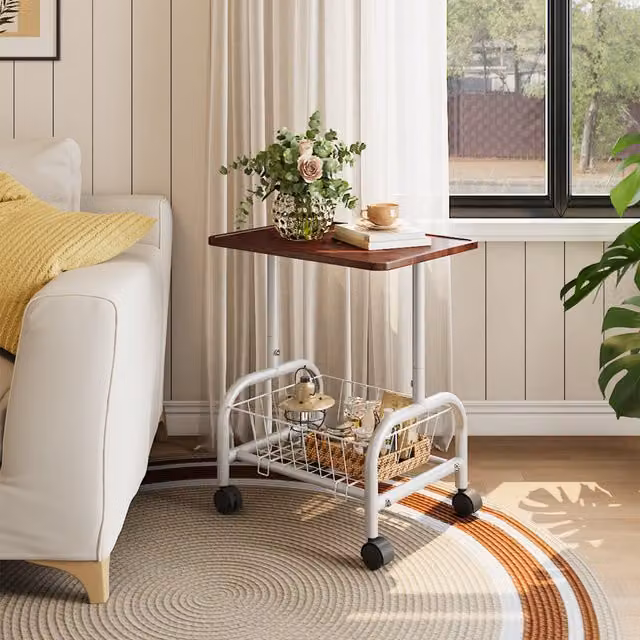 Livingandhome Mobile Side Table with Lower Basket in Brown and White