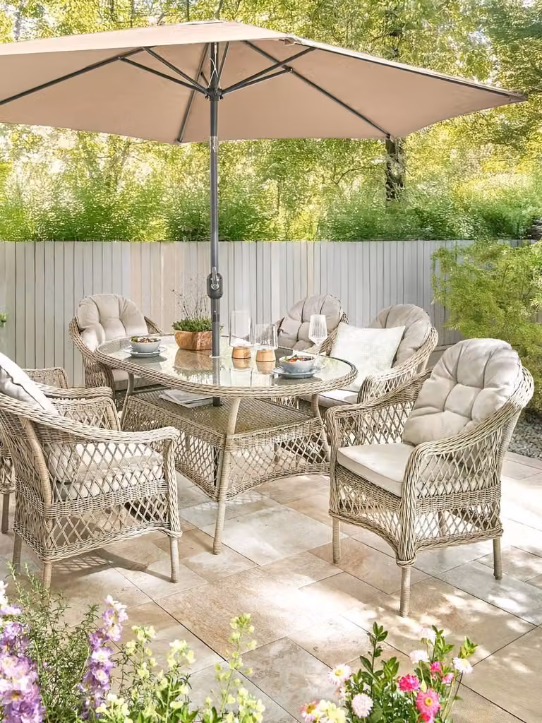 Venice 6 Seater Modern Outdoor Dining Set with Oval Glass Table and Beige Seating