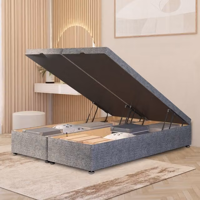 Somnior Beds Ltd Ottoman Divan Bed Frame with Gas Lift Base, Grey Tweed Fabric, W/D/H: 150 x 200 x 153 cm