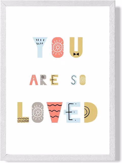 ARTZE You Are So Loved Scandi Quote Framed Print, Blue and White Typography Poster with White Frame, A4