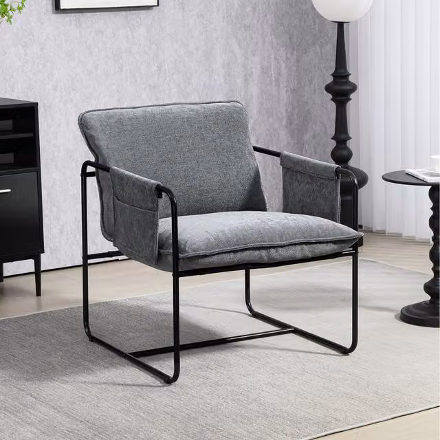 HOMCOM Modern Grey Chenille Accent Armchair with Side Pockets and Metal Frame