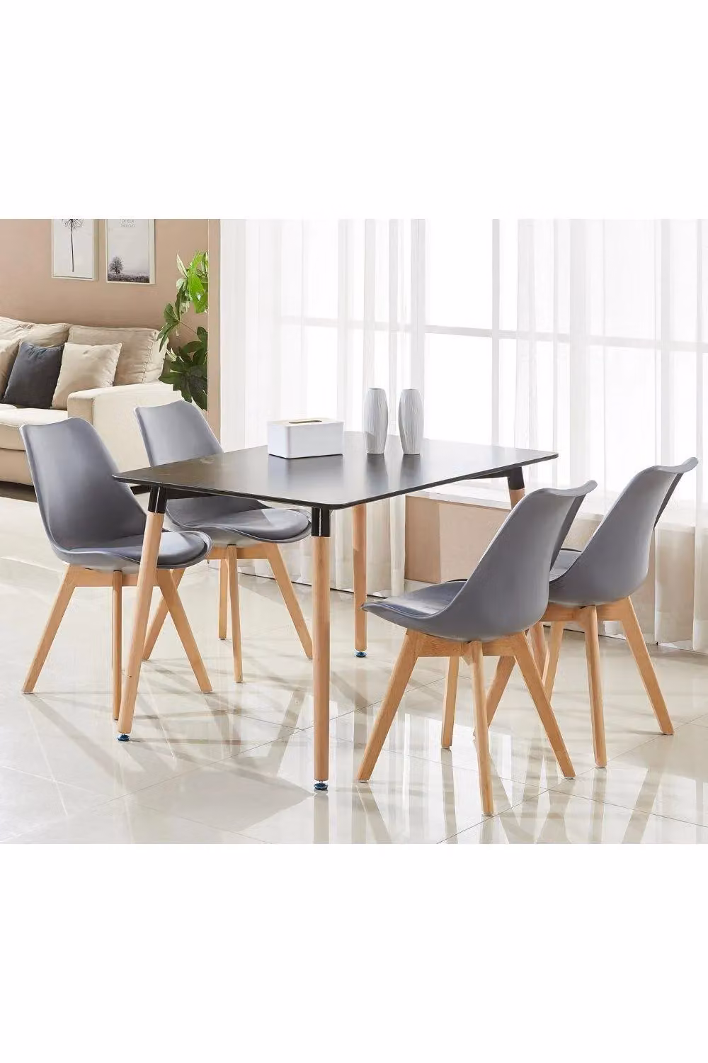 Life Interiors 5-Piece Dining Set with Halo Rectangular Wood Table and 4 Grey Lorenzo Tulip Chairs with Padded Faux Leather Seats – 2