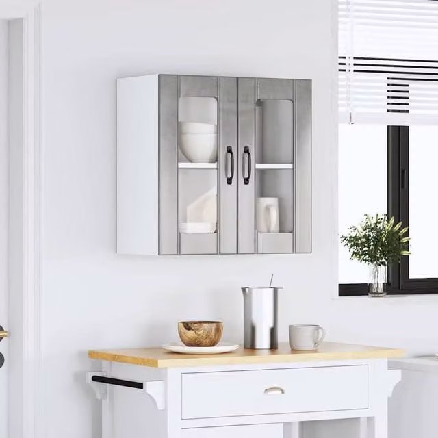 Berkfield Home Kalmar Kitchen Wall Cabinet with Glass Doors in Grey Artisan Oak Wood, W/D/H: 60 x 25 x 31 cm