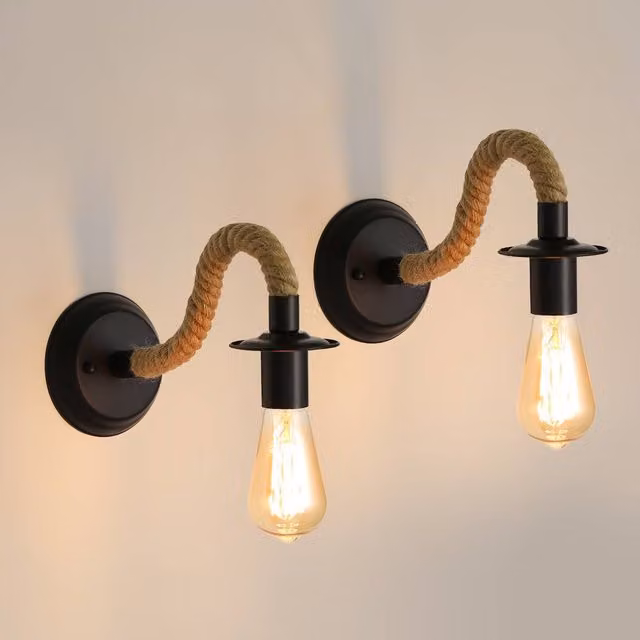 Pheashine Retro Black Metal Wall Lamp 2-Pack with Hemp Rope and E27 Fitting – 1
