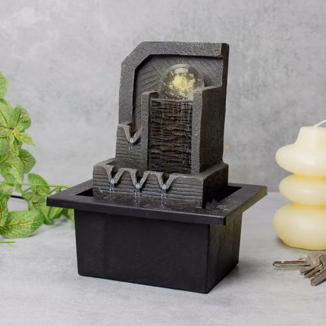 Wellbeing Aztec Indoor Illuminated LED Water Fountain, Black, Tabletop Geometric Design