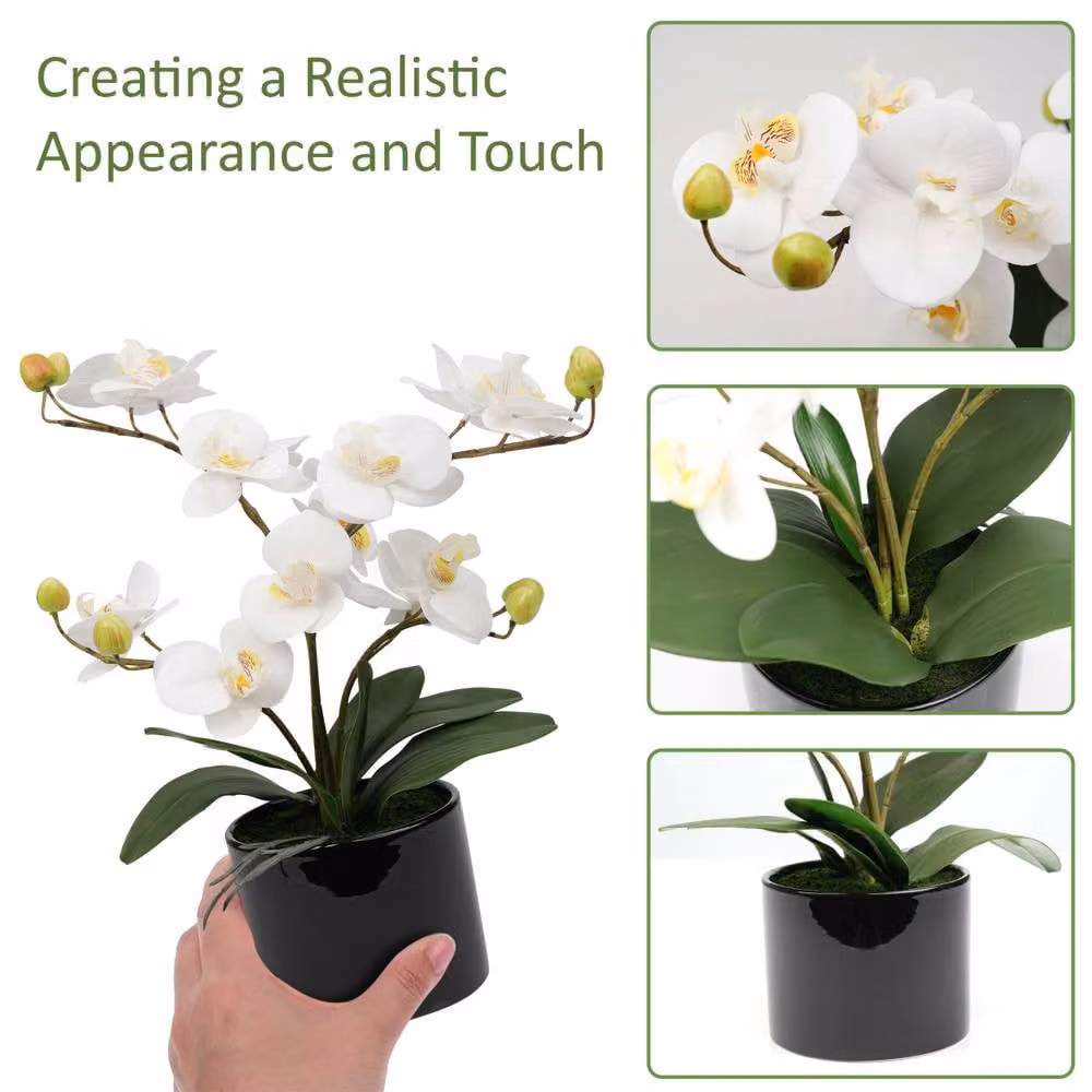 Crystals White Artificial Silk Orchid Flower Potted Tabletop Decor – 4