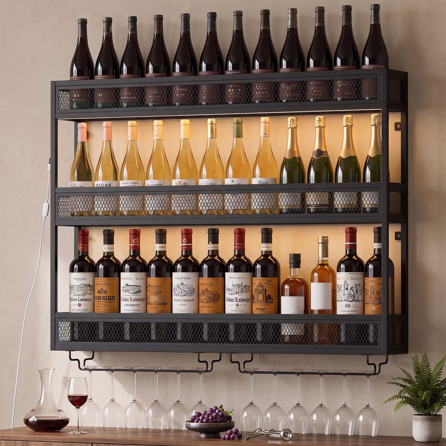 HOMCOM Wall-Mounted Metal Wine Rack with Integrated LED Lights and Glass Holders, Black – 9